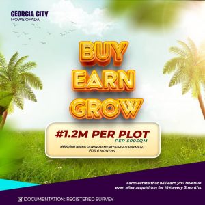 Earn 15% quarterly by buying a 500sqm land in Georgia City, a farm estate situated at the fast developing Mowe Ofada. Earn as the value of your Land increase